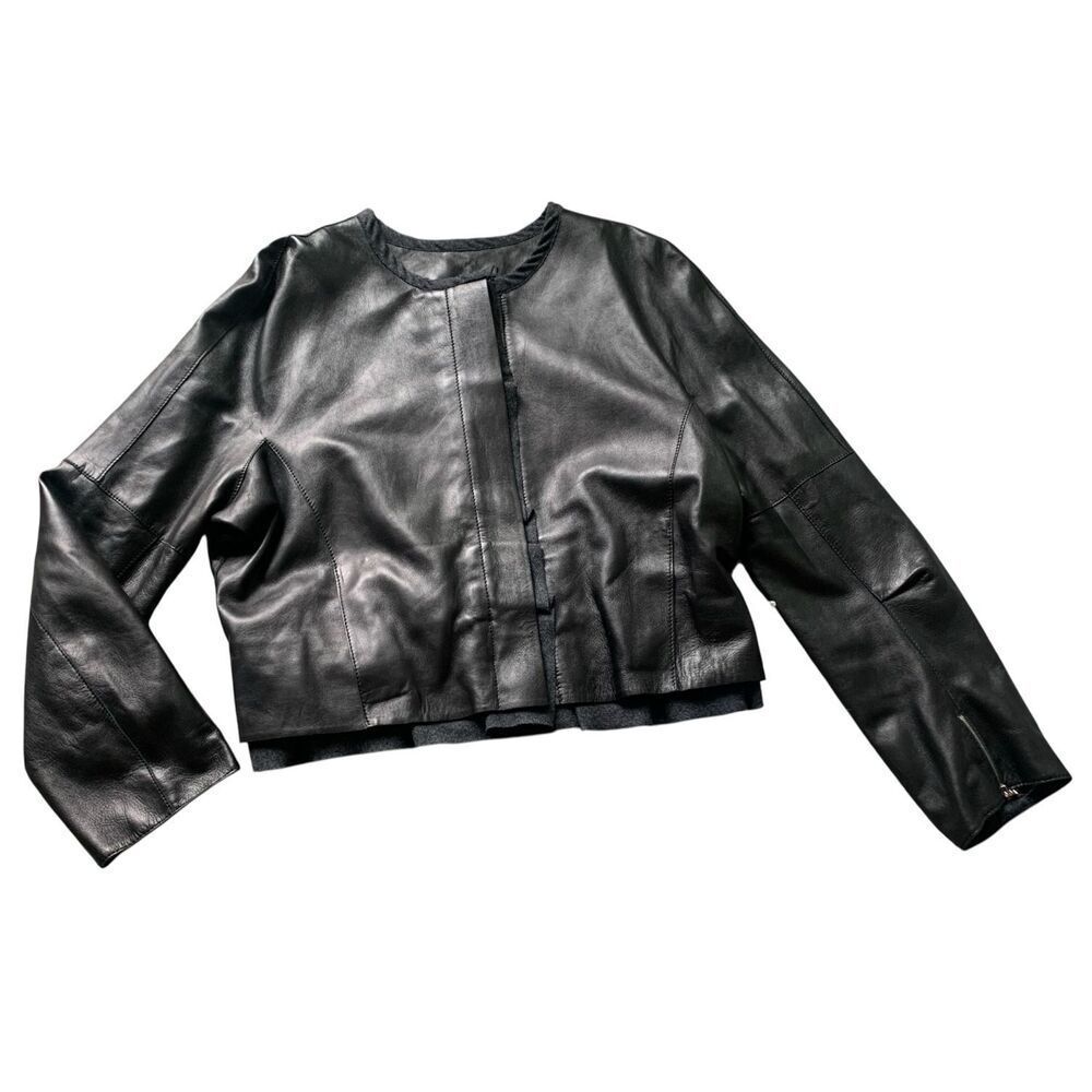 NEW NWT NINA RICCI Black Lamb Leather Zip Ruffle Crop Coat Jacket sz 42 M $3990